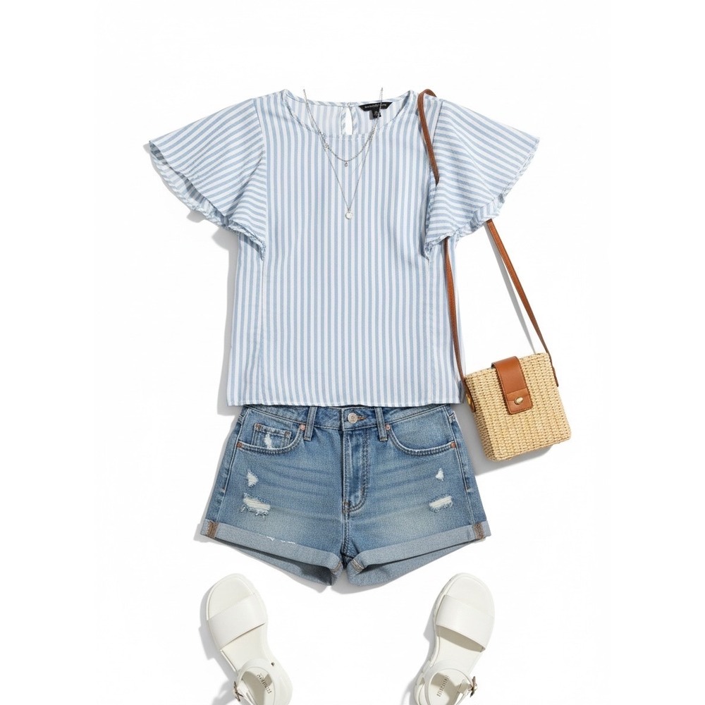 Banana Republic Blue White Striped Flutter Sleeve Blouse Top XS‎ Preppy Feminine